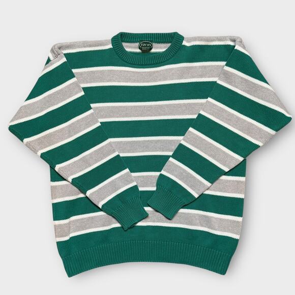 IZOD PREPPY VINTAGE STRIPE CREW NECK SWEATER GREEN WHITE GRAY LARGE - Picture 1 of 8